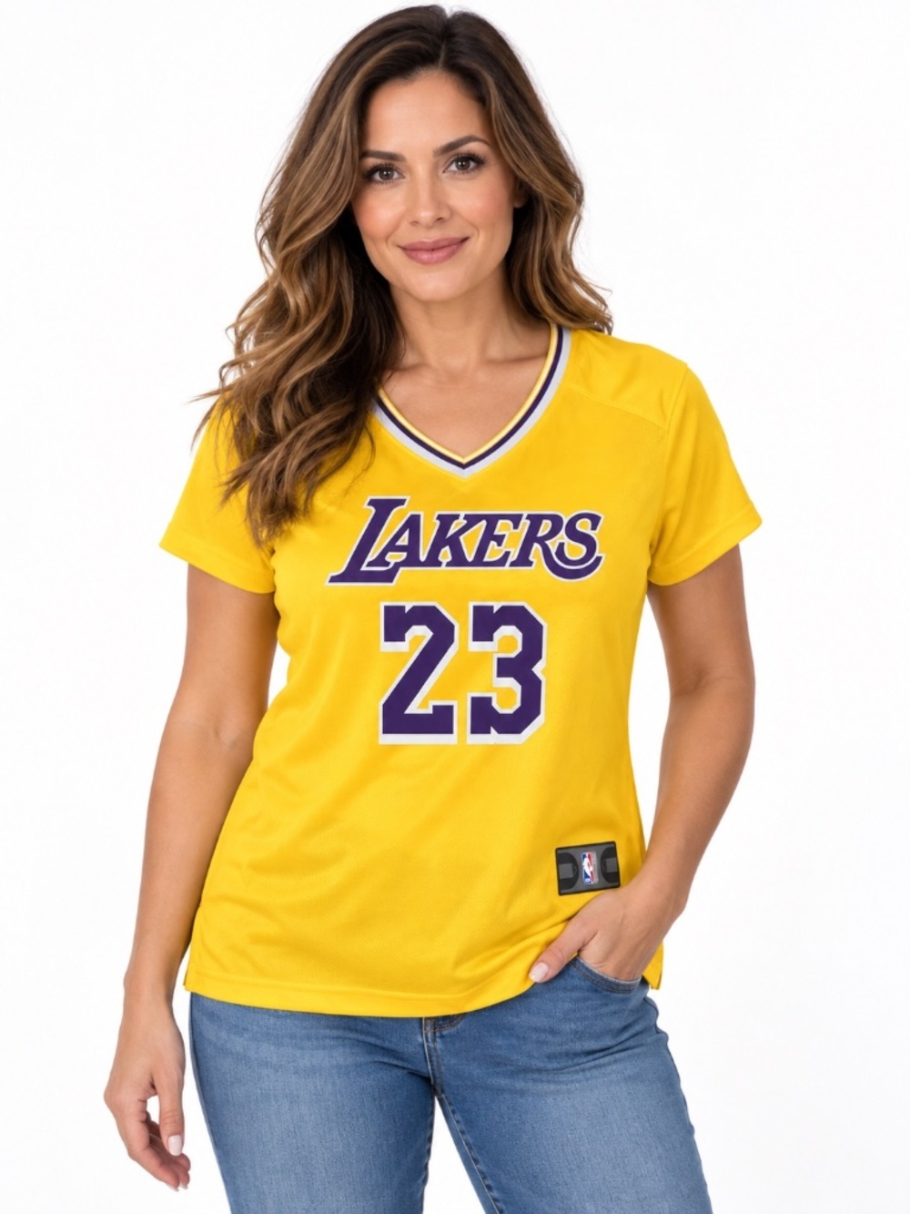 Lakers LeBron James #23 Fanatics Women's Gold V-Neck Tee Large - Picture 2 of 11